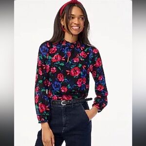 J Crew button front blouse collar floral cottagecore long sleeve petite medium